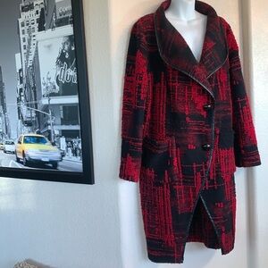 SIMON CHANG Red/black wool coat, great texture, shawl collar leather trim 10 EUC